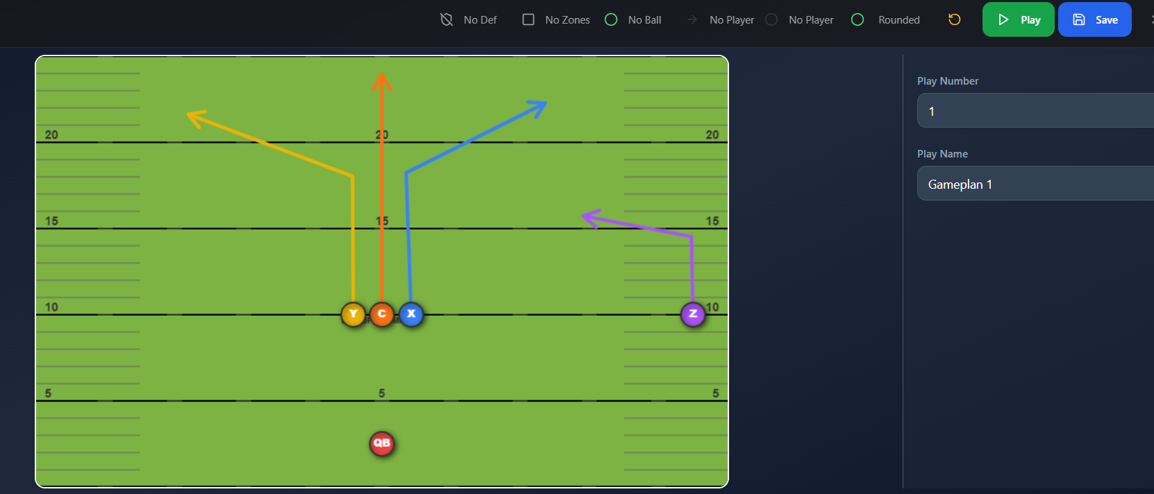 Example flag football play diagram with editor interface