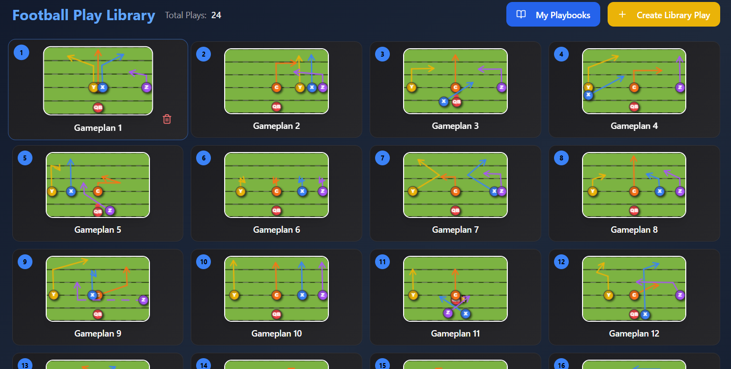 Football Play Library showing organized play diagrams