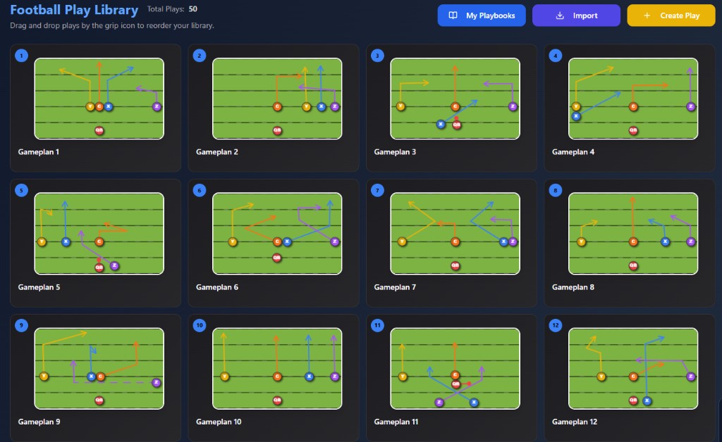 Football Play Library with play diagrams in a grid